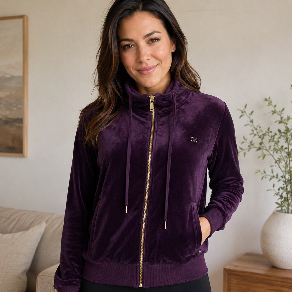 Calvin Klein Women’s Medium Purple Velour Full Zip Hoodie Jacket CK Logo